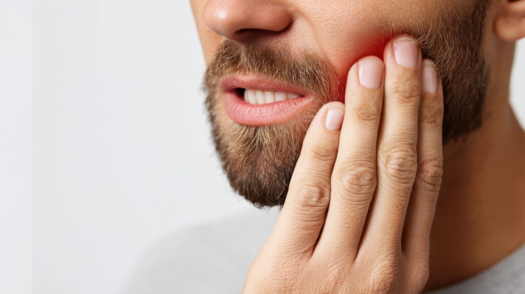 Nose-to-shoulder view of man holding hand to jaw in pain